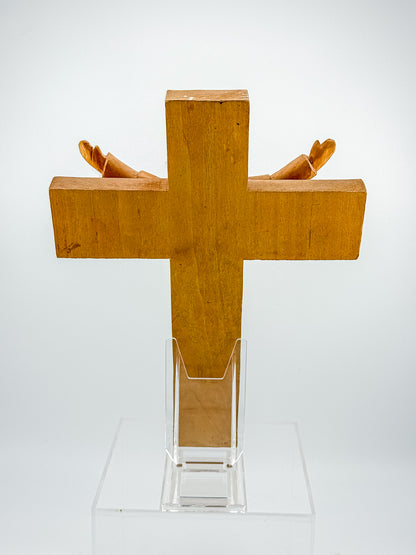 Vintage Hand-Carved Wood Risen Christ Crucifix, Folk Art Devotional Cross with Outstretched Arms, 11"