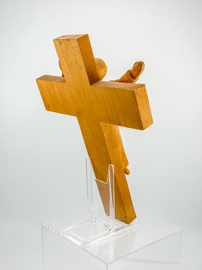Vintage Hand-Carved Wood Risen Christ Crucifix, Folk Art Devotional Cross with Outstretched Arms, 11"