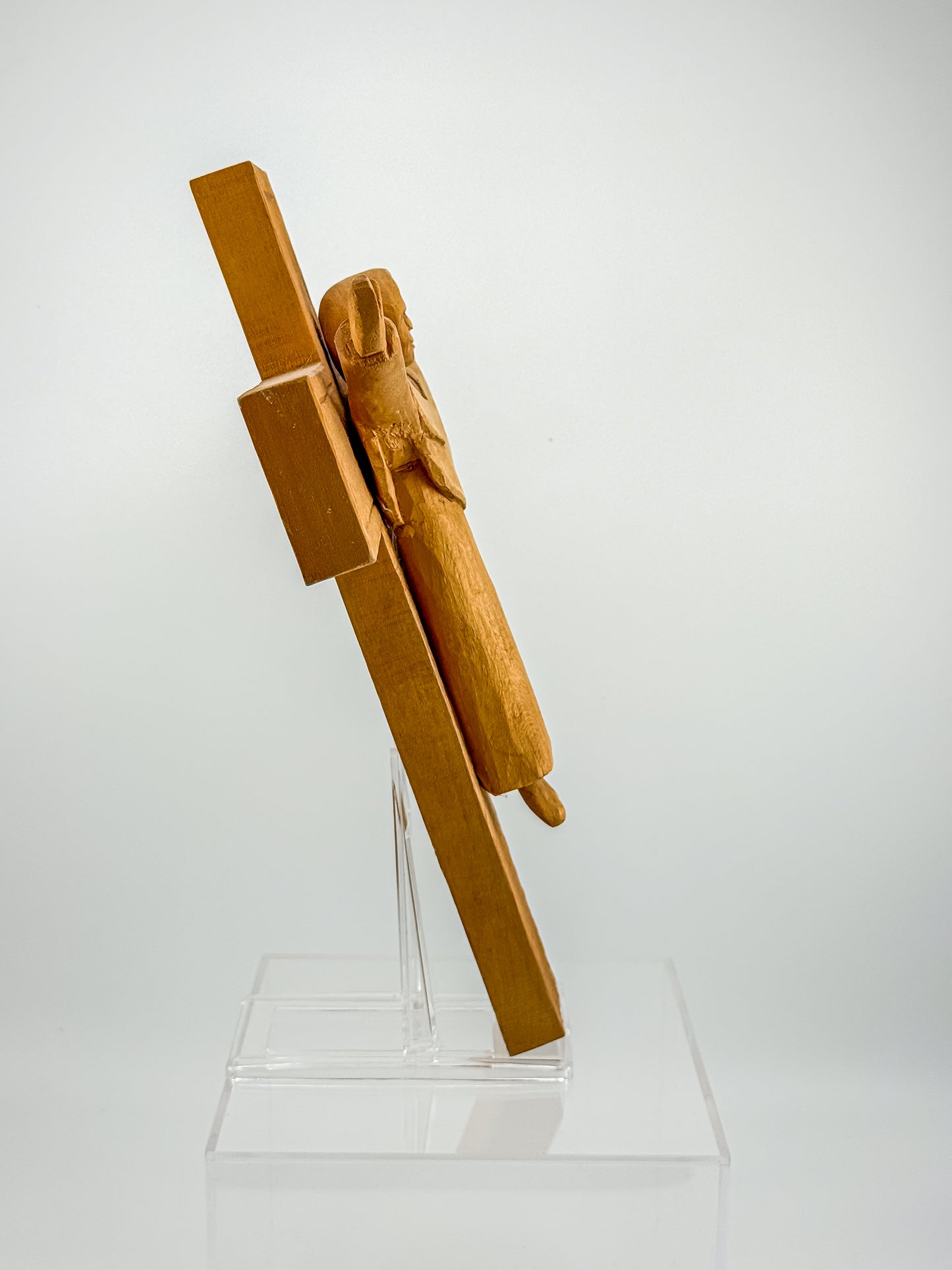 Vintage Hand-Carved Wood Risen Christ Crucifix, Folk Art Devotional Cross with Outstretched Arms, 11"