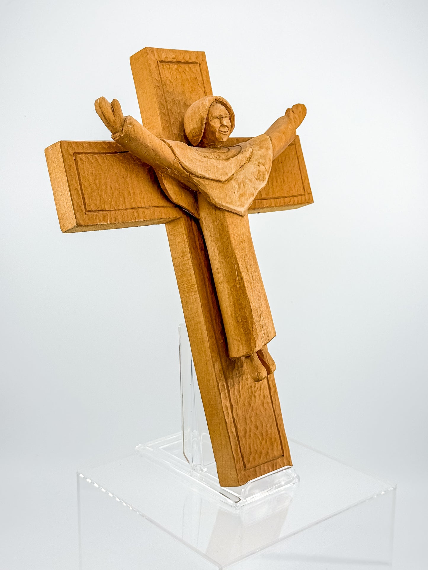 Vintage Hand-Carved Wood Risen Christ Crucifix, Folk Art Devotional Cross with Outstretched Arms, 11"