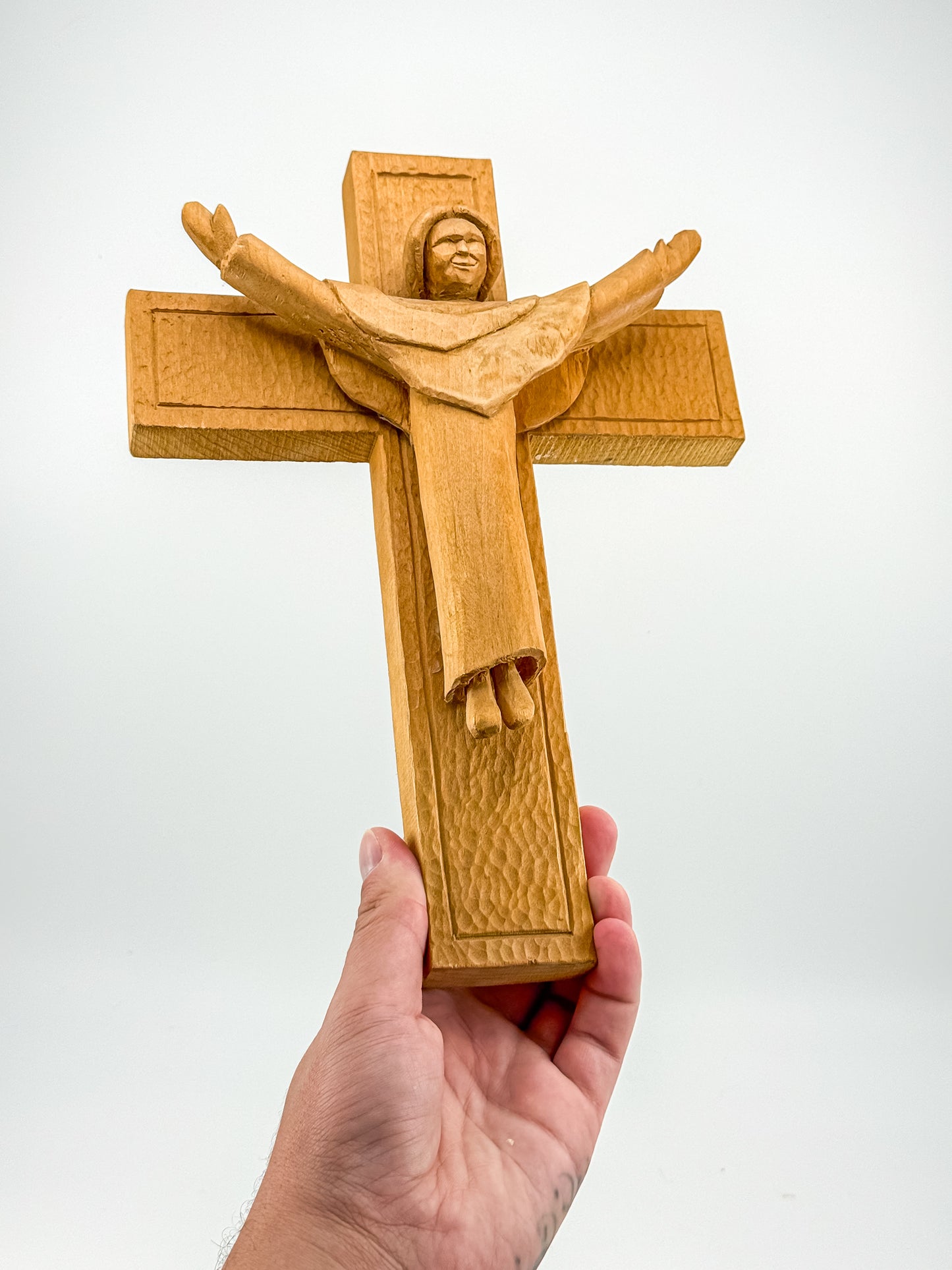 Vintage Hand-Carved Wood Risen Christ Crucifix, Folk Art Devotional Cross with Outstretched Arms, 11"