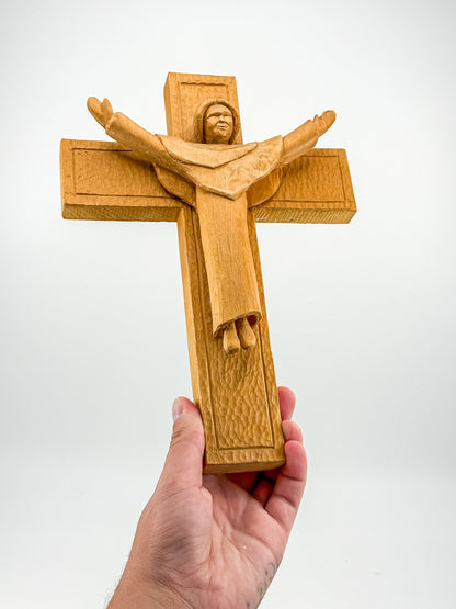 Vintage Hand-Carved Wood Risen Christ Crucifix, Folk Art Devotional Cross with Outstretched Arms, 11"