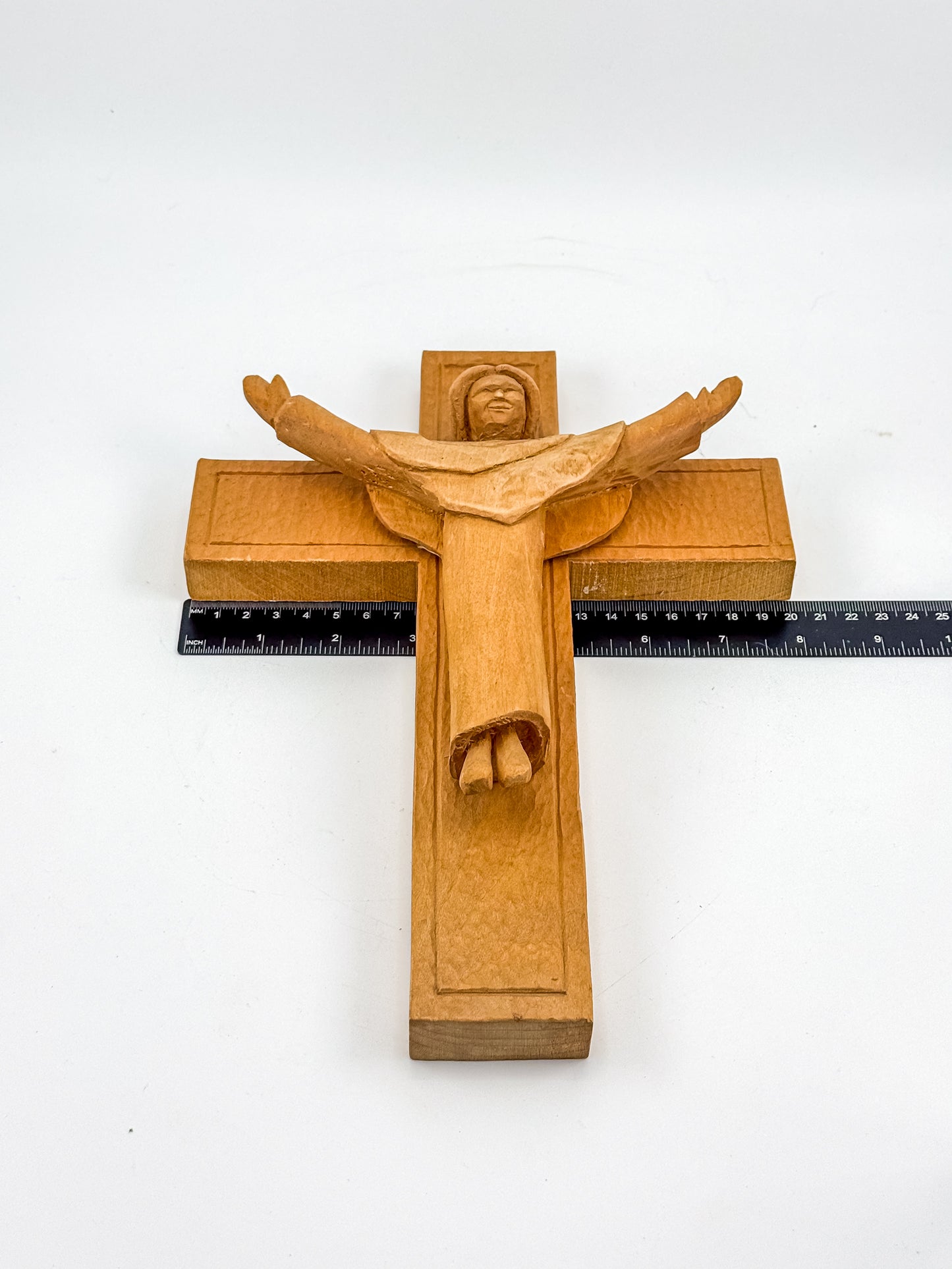 Vintage Hand-Carved Wood Risen Christ Crucifix, Folk Art Devotional Cross with Outstretched Arms, 11"