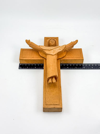 Vintage Hand-Carved Wood Risen Christ Crucifix, Folk Art Devotional Cross with Outstretched Arms, 11"