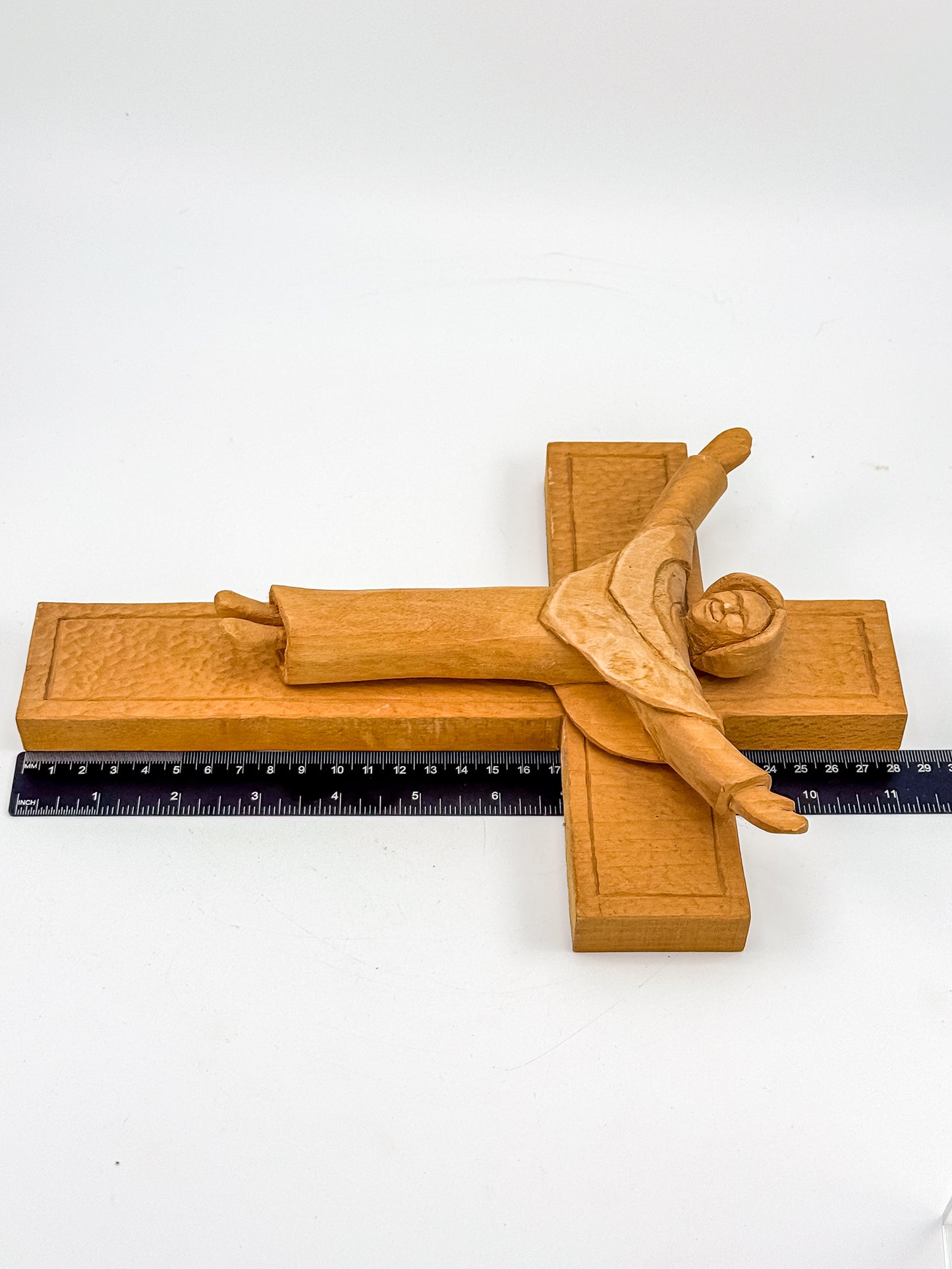 Vintage Hand-Carved Wood Risen Christ Crucifix, Folk Art Devotional Cross with Outstretched Arms, 11"