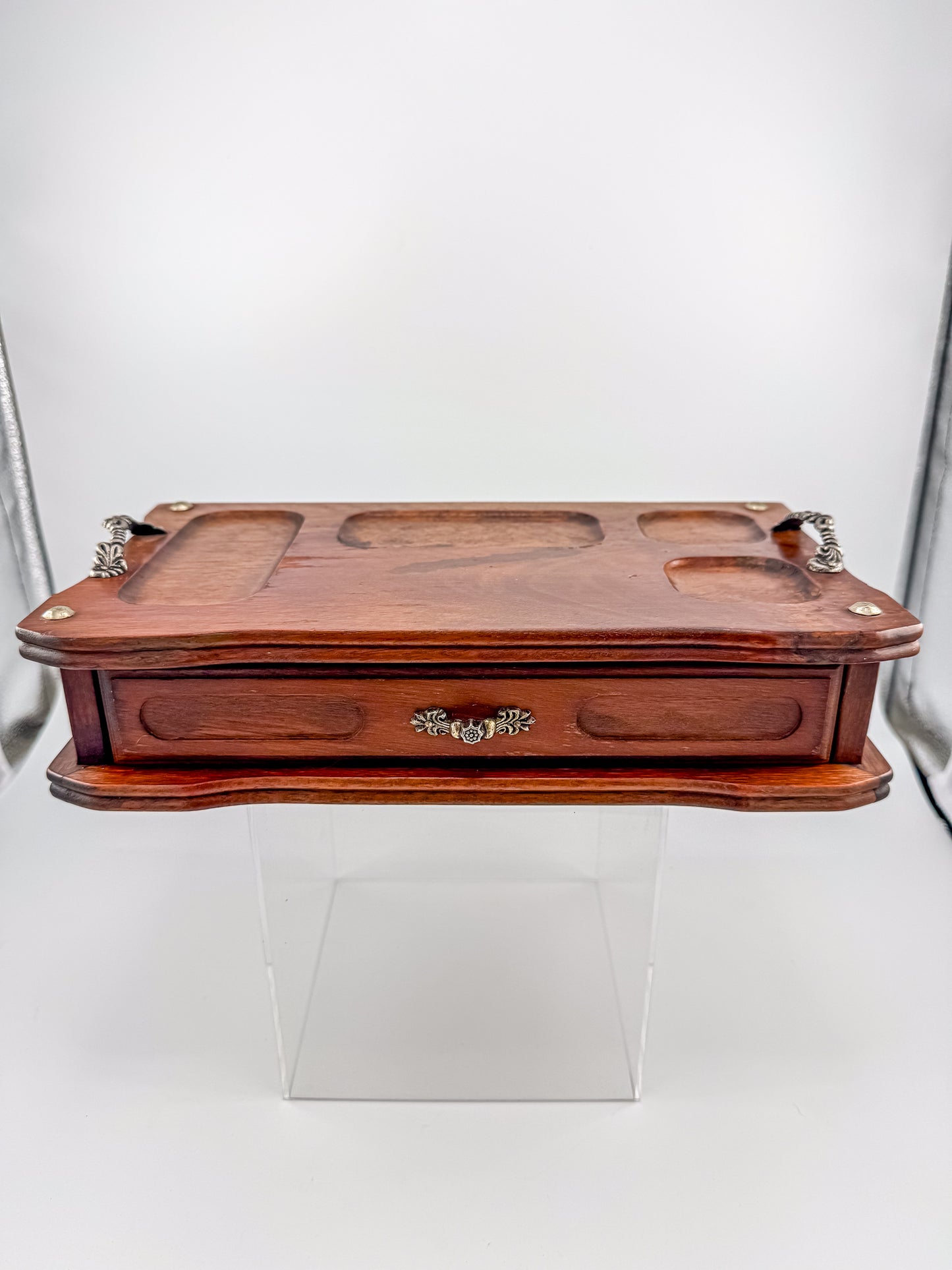 Vintage Wood Valet Box with Drawer and Ornate Handles, Dresser Organizer