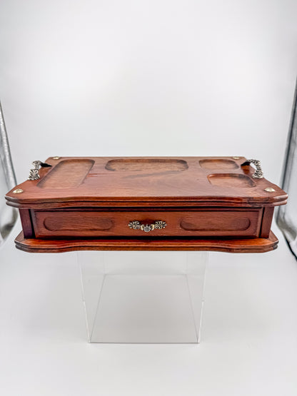 Vintage Wood Valet Box with Drawer and Ornate Handles, Dresser Organizer