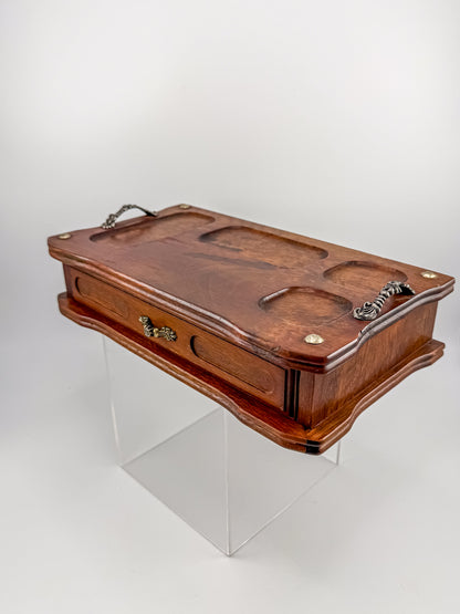 Vintage Wood Valet Box with Drawer and Ornate Handles, Dresser Organizer