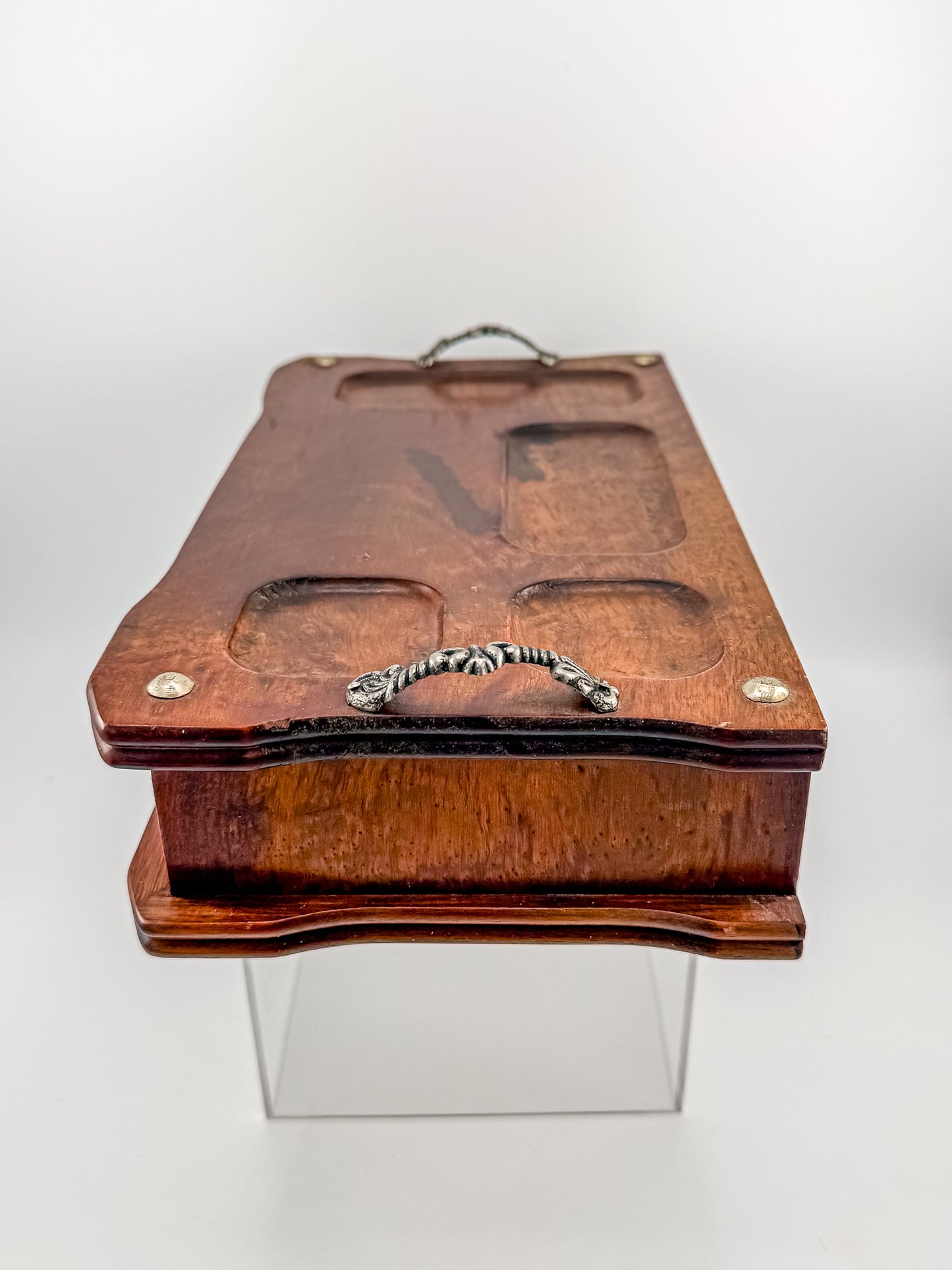 Vintage Wood Valet Box with Drawer and Ornate Handles, Dresser Organizer