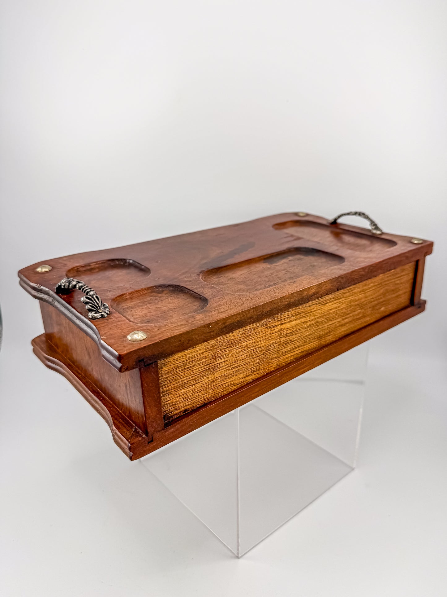 Vintage Wood Valet Box with Drawer and Ornate Handles, Dresser Organizer