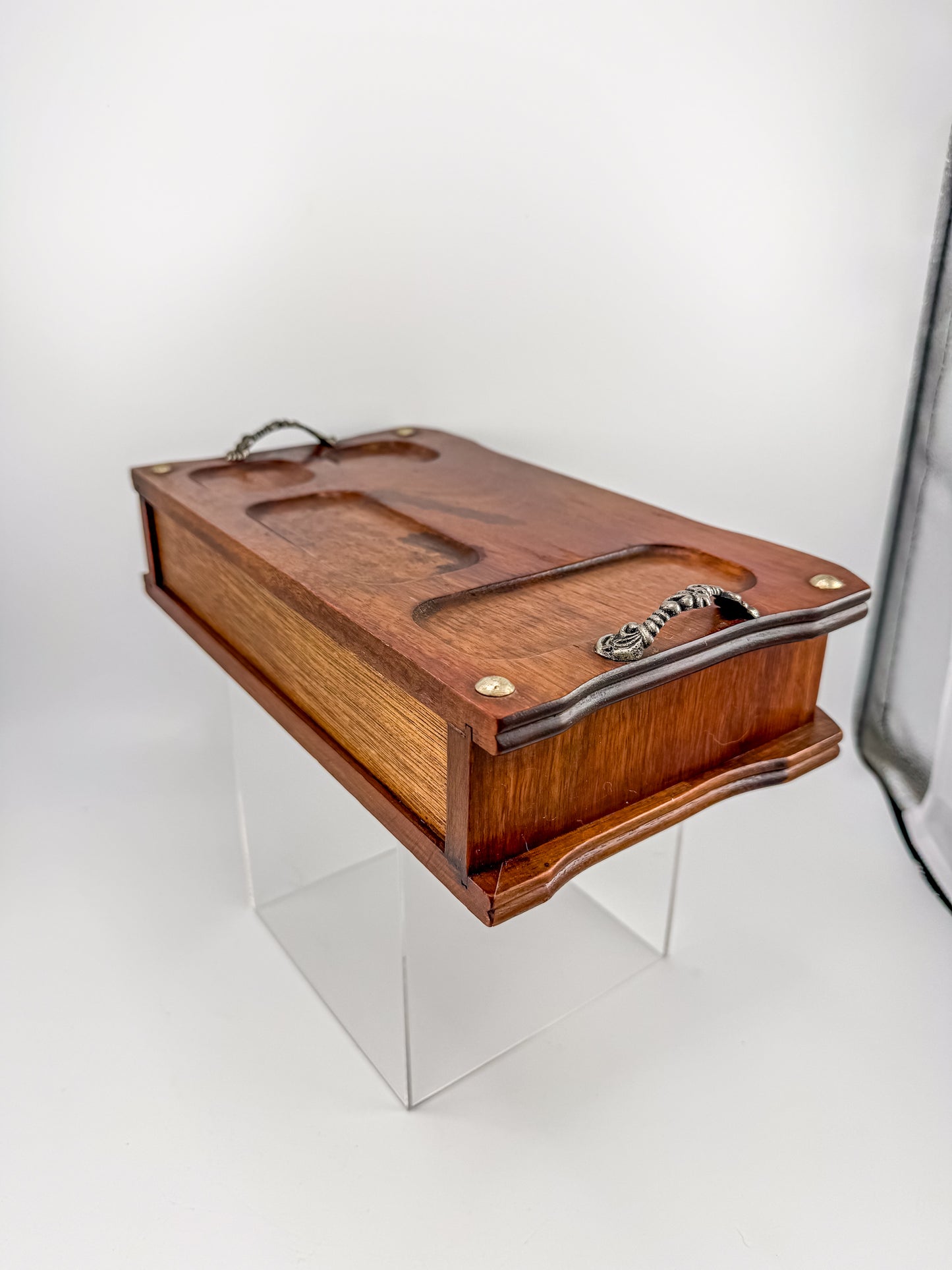 Vintage Wood Valet Box with Drawer and Ornate Handles, Dresser Organizer