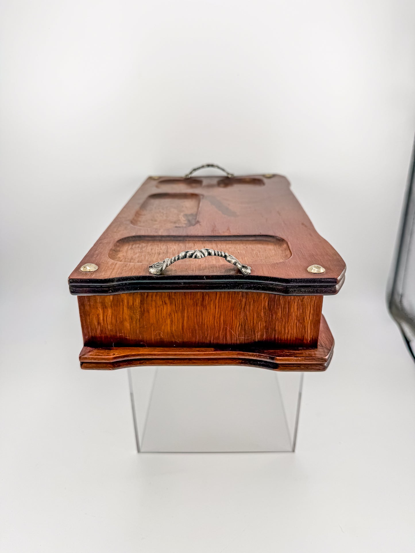Vintage Wood Valet Box with Drawer and Ornate Handles, Dresser Organizer