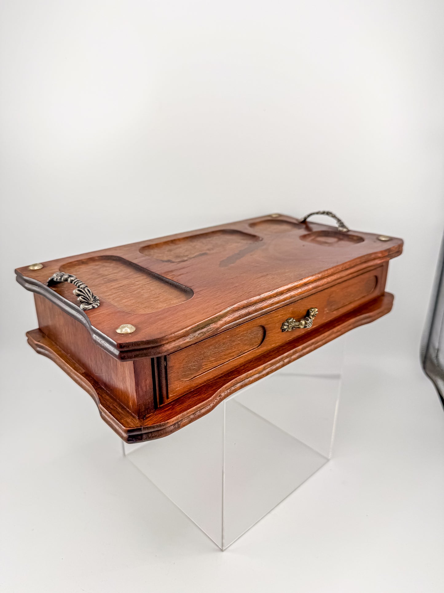 Vintage Wood Valet Box with Drawer and Ornate Handles, Dresser Organizer