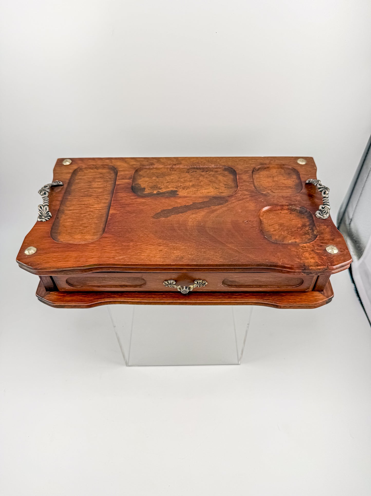 Vintage Wood Valet Box with Drawer and Ornate Handles, Dresser Organizer