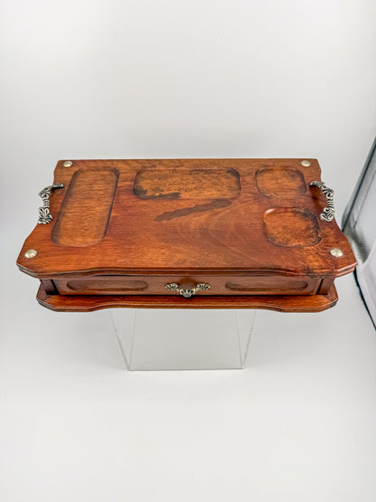 Vintage Wood Valet Box with Drawer and Ornate Handles, Dresser Organizer