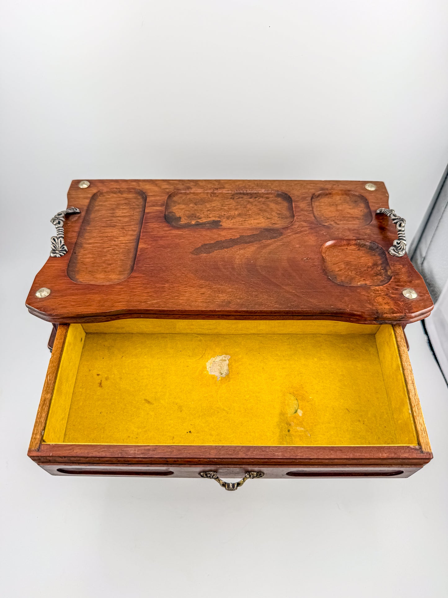 Vintage Wood Valet Box with Drawer and Ornate Handles, Dresser Organizer