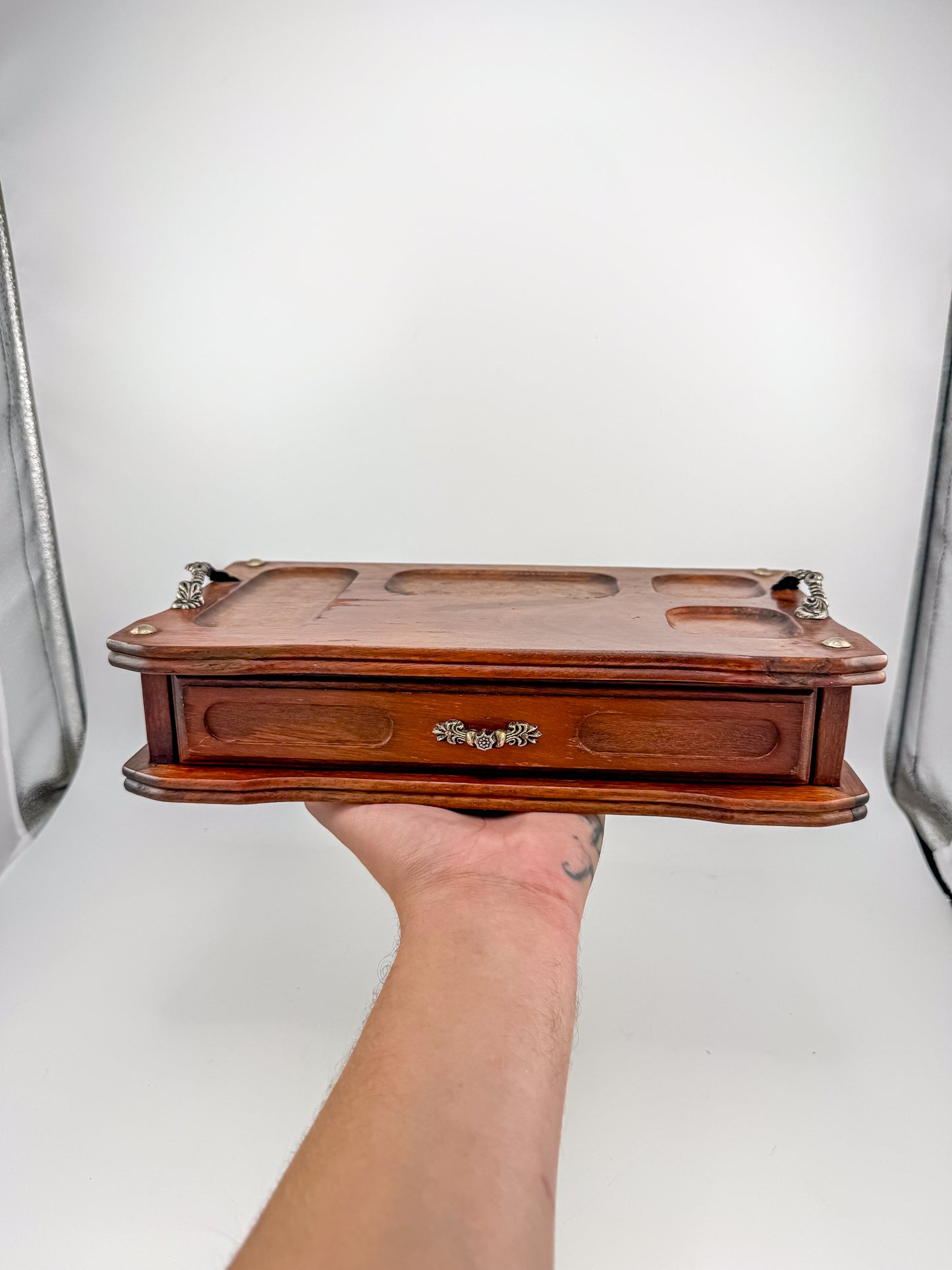 Vintage Wood Valet Box with Drawer and Ornate Handles, Dresser Organizer