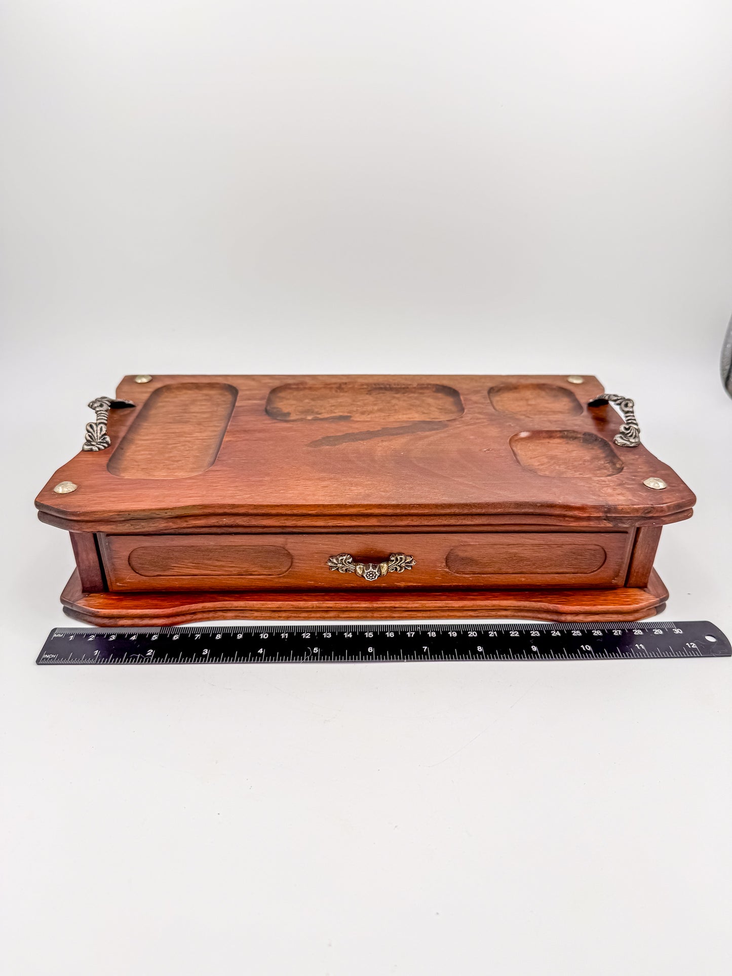 Vintage Wood Valet Box with Drawer and Ornate Handles, Dresser Organizer
