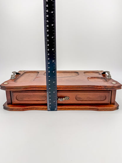 Vintage Wood Valet Box with Drawer and Ornate Handles, Dresser Organizer