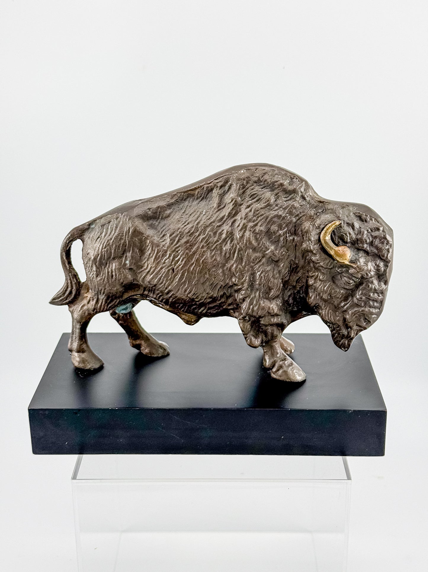 Vintage Solid Brass Bison Buffalo Figurine on Wood Base, Patinated Brass Wildlife Sculpture