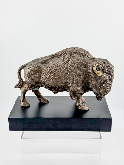 Vintage Solid Brass Bison Buffalo Figurine on Wood Base, Patinated Brass Wildlife Sculpture