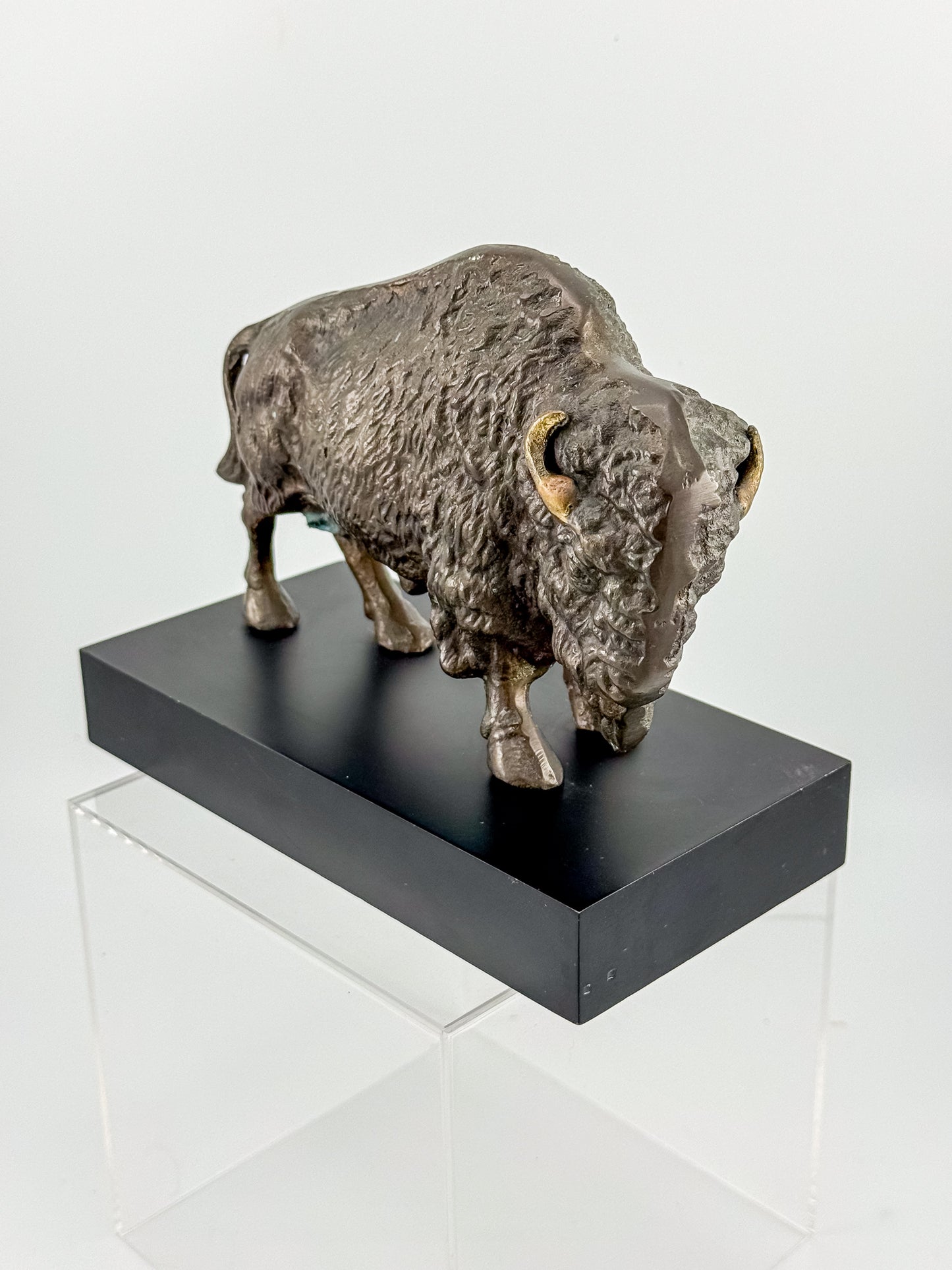 Vintage Solid Brass Bison Buffalo Figurine on Wood Base, Patinated Brass Wildlife Sculpture