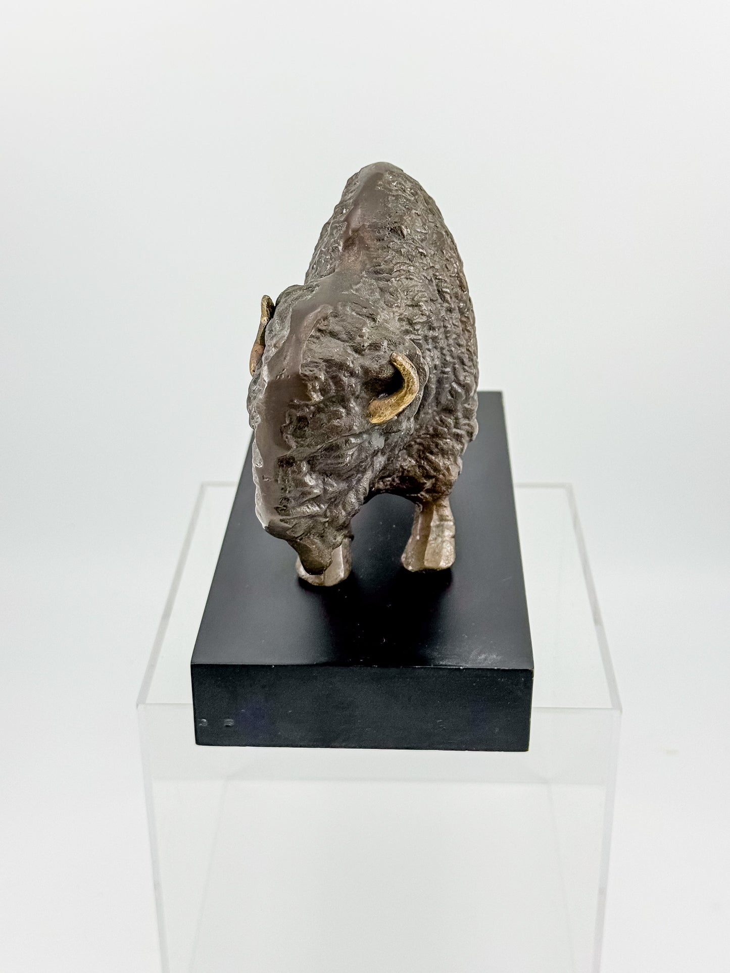 Vintage Solid Brass Bison Buffalo Figurine on Wood Base, Patinated Brass Wildlife Sculpture