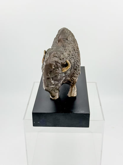 Vintage Solid Brass Bison Buffalo Figurine on Wood Base, Patinated Brass Wildlife Sculpture