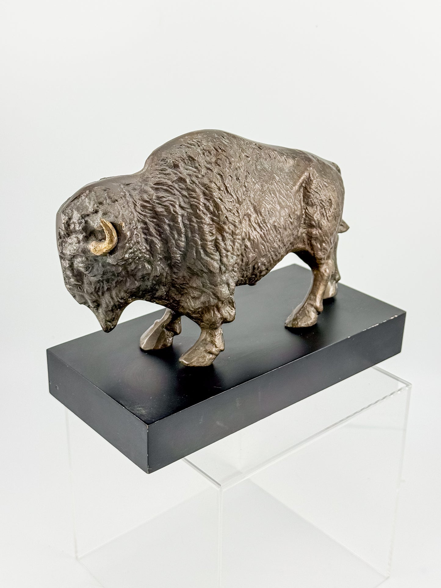 Vintage Solid Brass Bison Buffalo Figurine on Wood Base, Patinated Brass Wildlife Sculpture