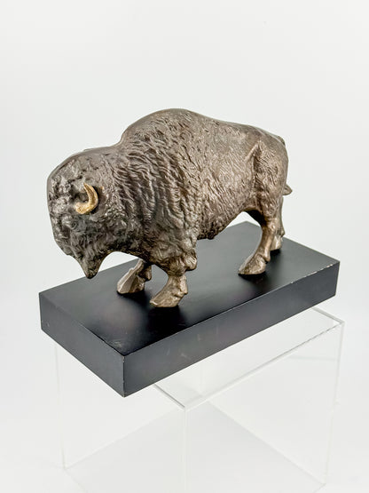 Vintage Solid Brass Bison Buffalo Figurine on Wood Base, Patinated Brass Wildlife Sculpture