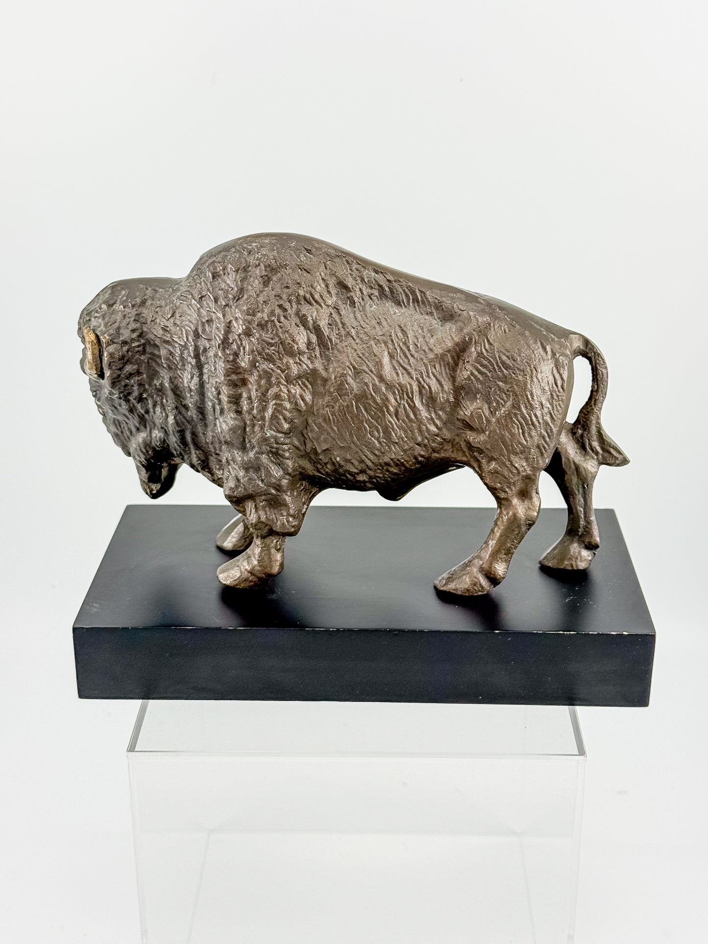 Vintage Solid Brass Bison Buffalo Figurine on Wood Base, Patinated Brass Wildlife Sculpture