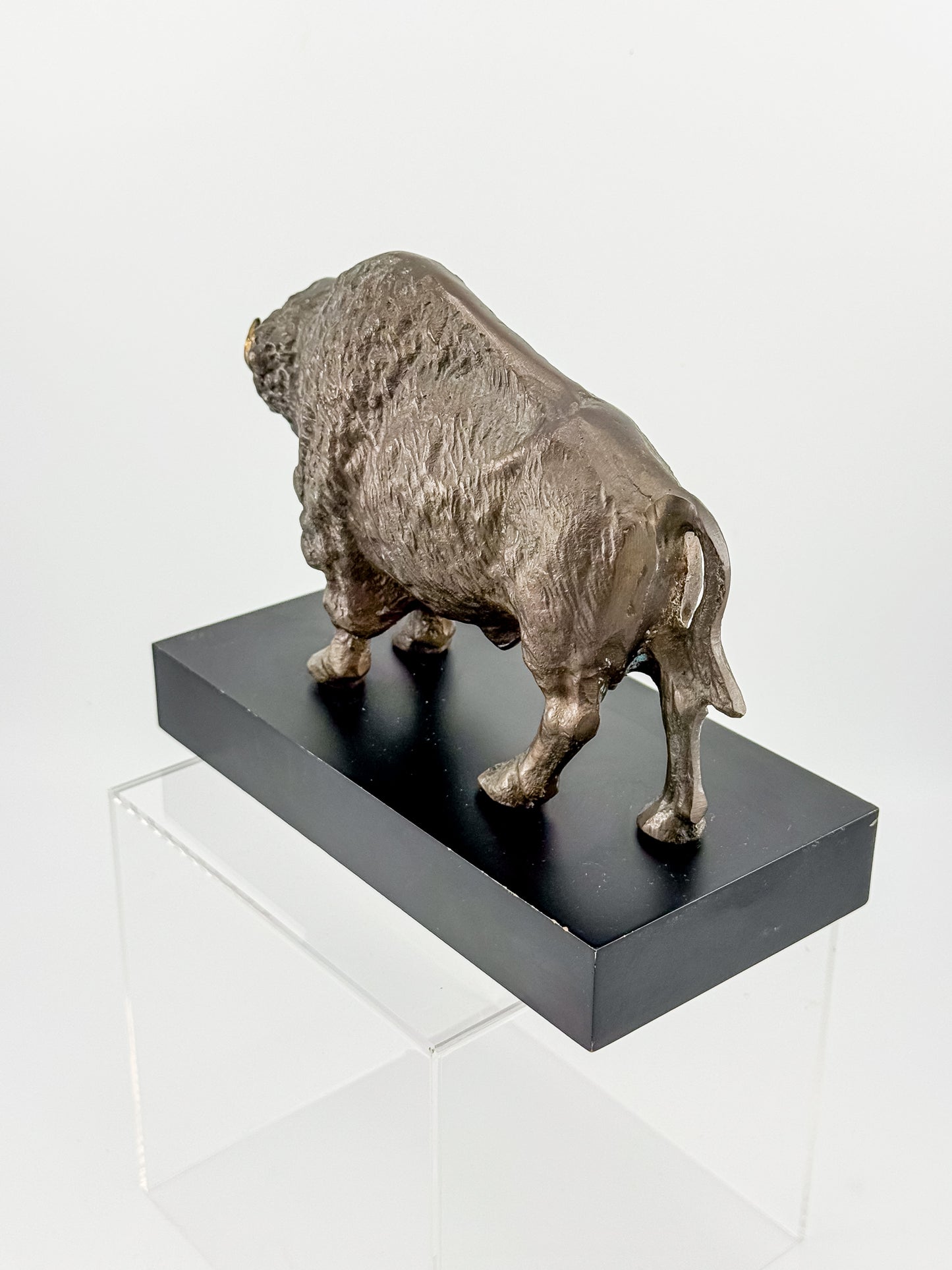 Vintage Solid Brass Bison Buffalo Figurine on Wood Base, Patinated Brass Wildlife Sculpture