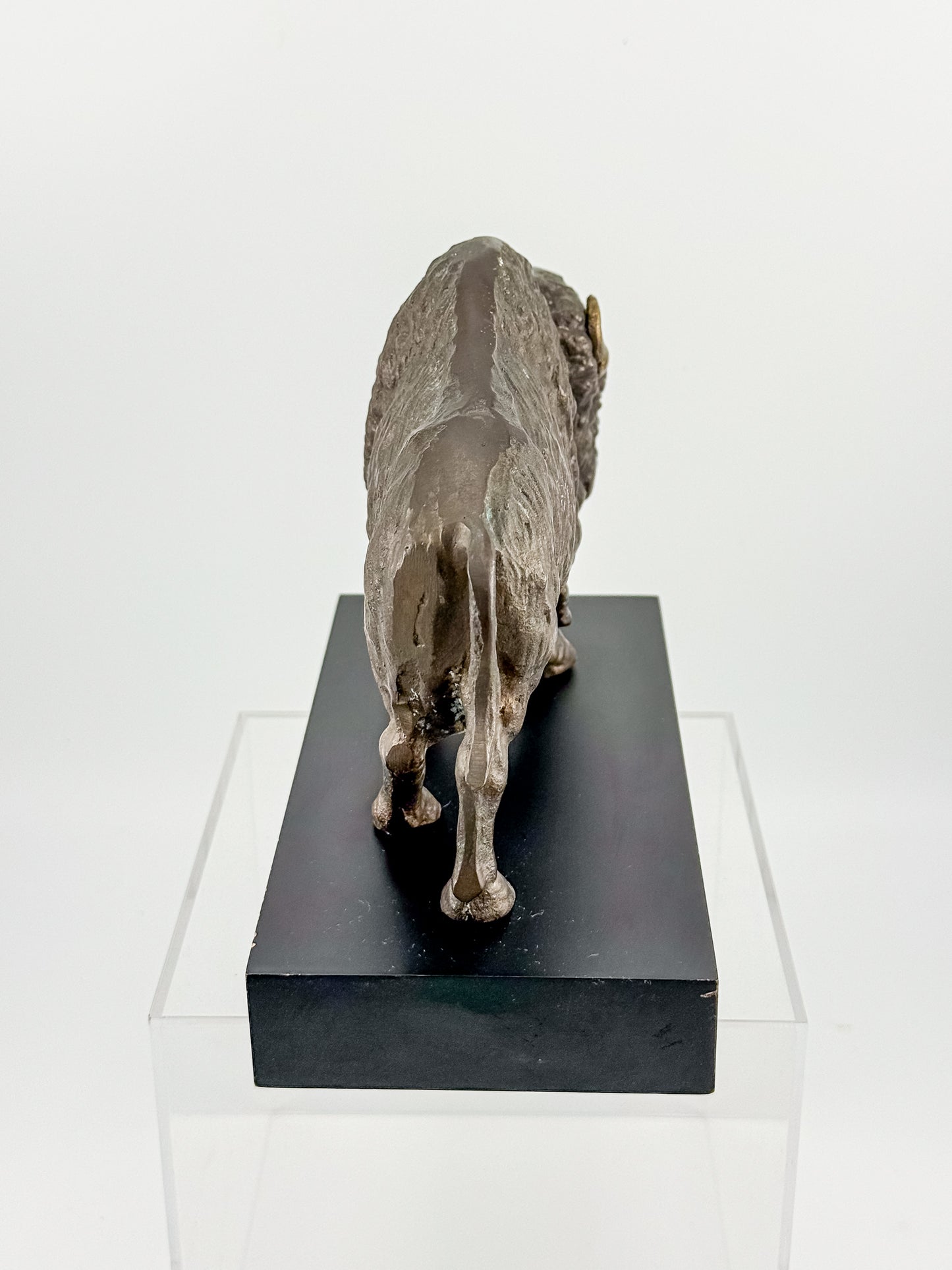 Vintage Solid Brass Bison Buffalo Figurine on Wood Base, Patinated Brass Wildlife Sculpture