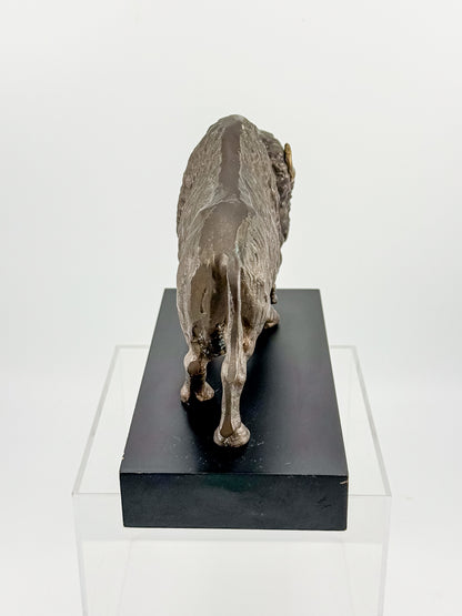 Vintage Solid Brass Bison Buffalo Figurine on Wood Base, Patinated Brass Wildlife Sculpture