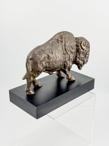 Vintage Solid Brass Bison Buffalo Figurine on Wood Base, Patinated Brass Wildlife Sculpture