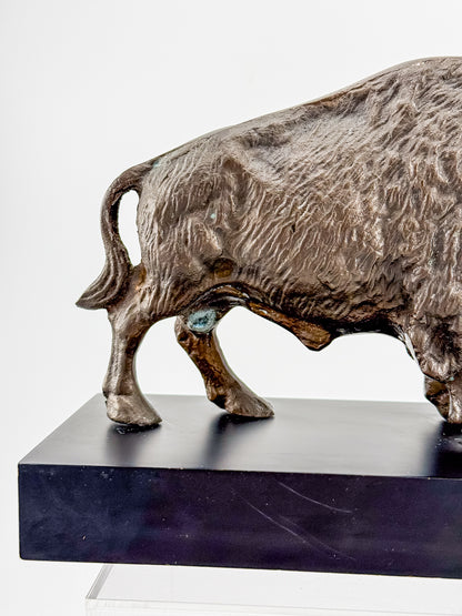 Vintage Solid Brass Bison Buffalo Figurine on Wood Base, Patinated Brass Wildlife Sculpture