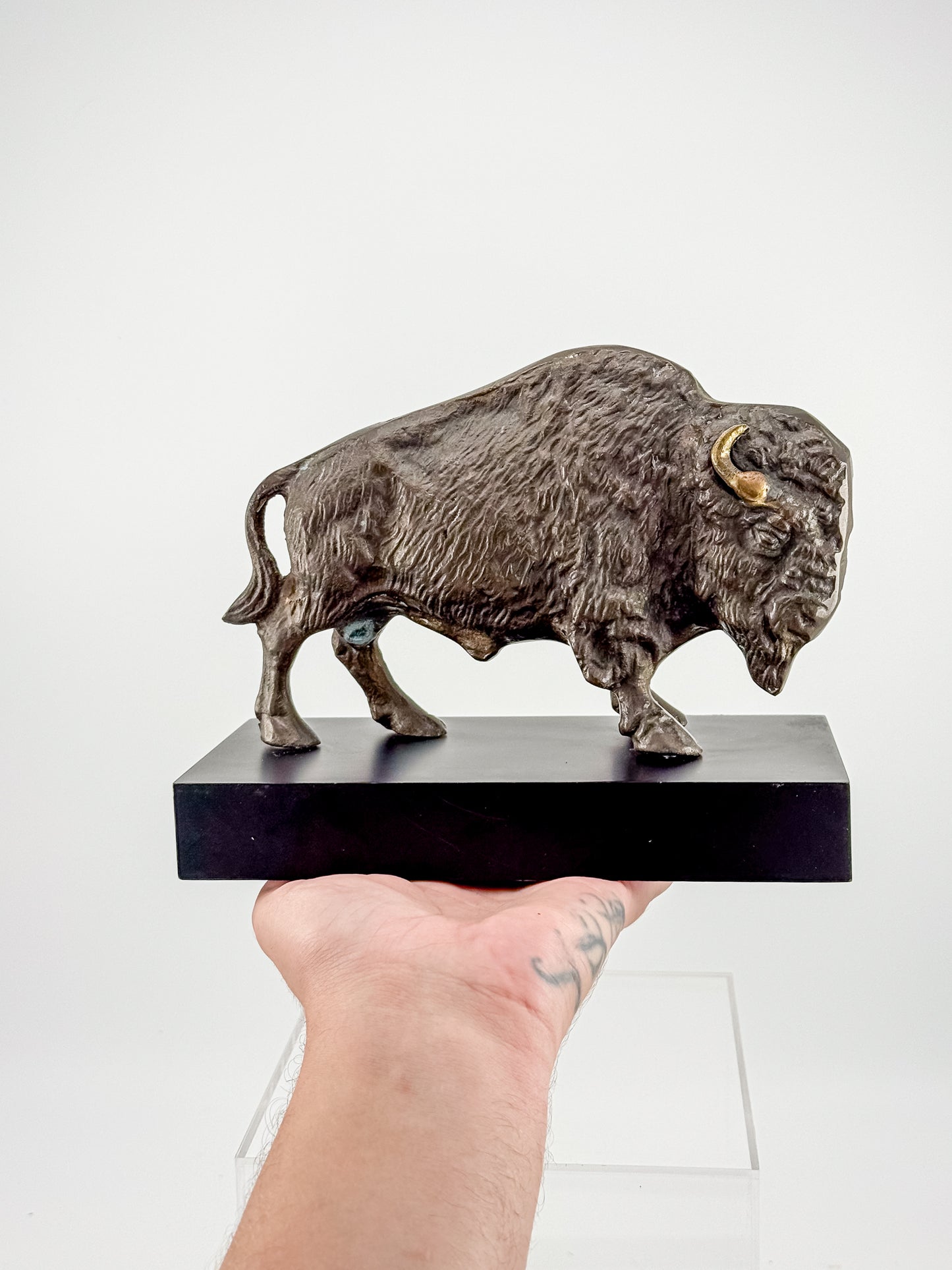 Vintage Solid Brass Bison Buffalo Figurine on Wood Base, Patinated Brass Wildlife Sculpture