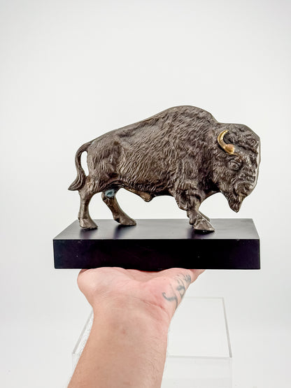 Vintage Solid Brass Bison Buffalo Figurine on Wood Base, Patinated Brass Wildlife Sculpture