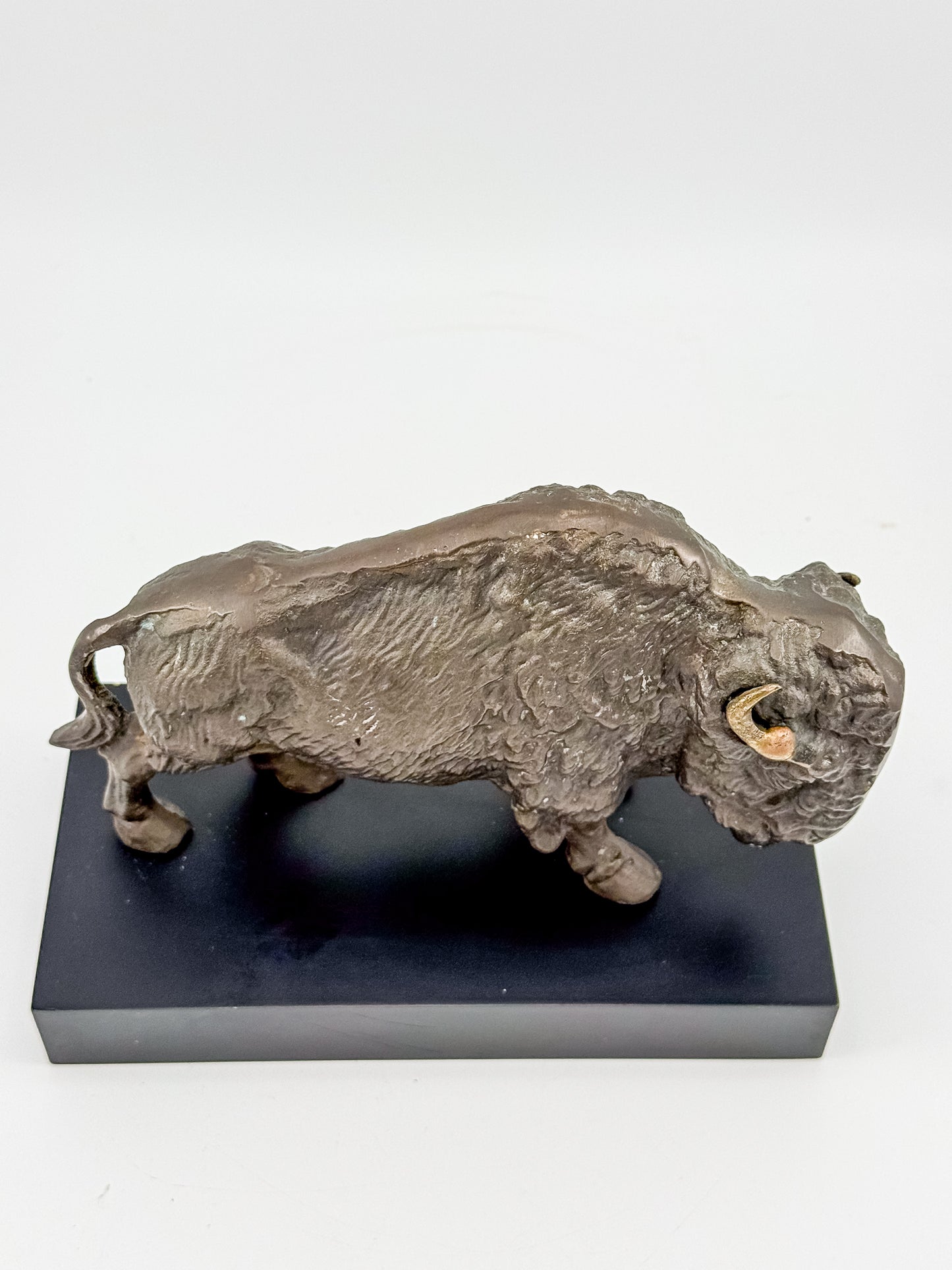 Vintage Solid Brass Bison Buffalo Figurine on Wood Base, Patinated Brass Wildlife Sculpture