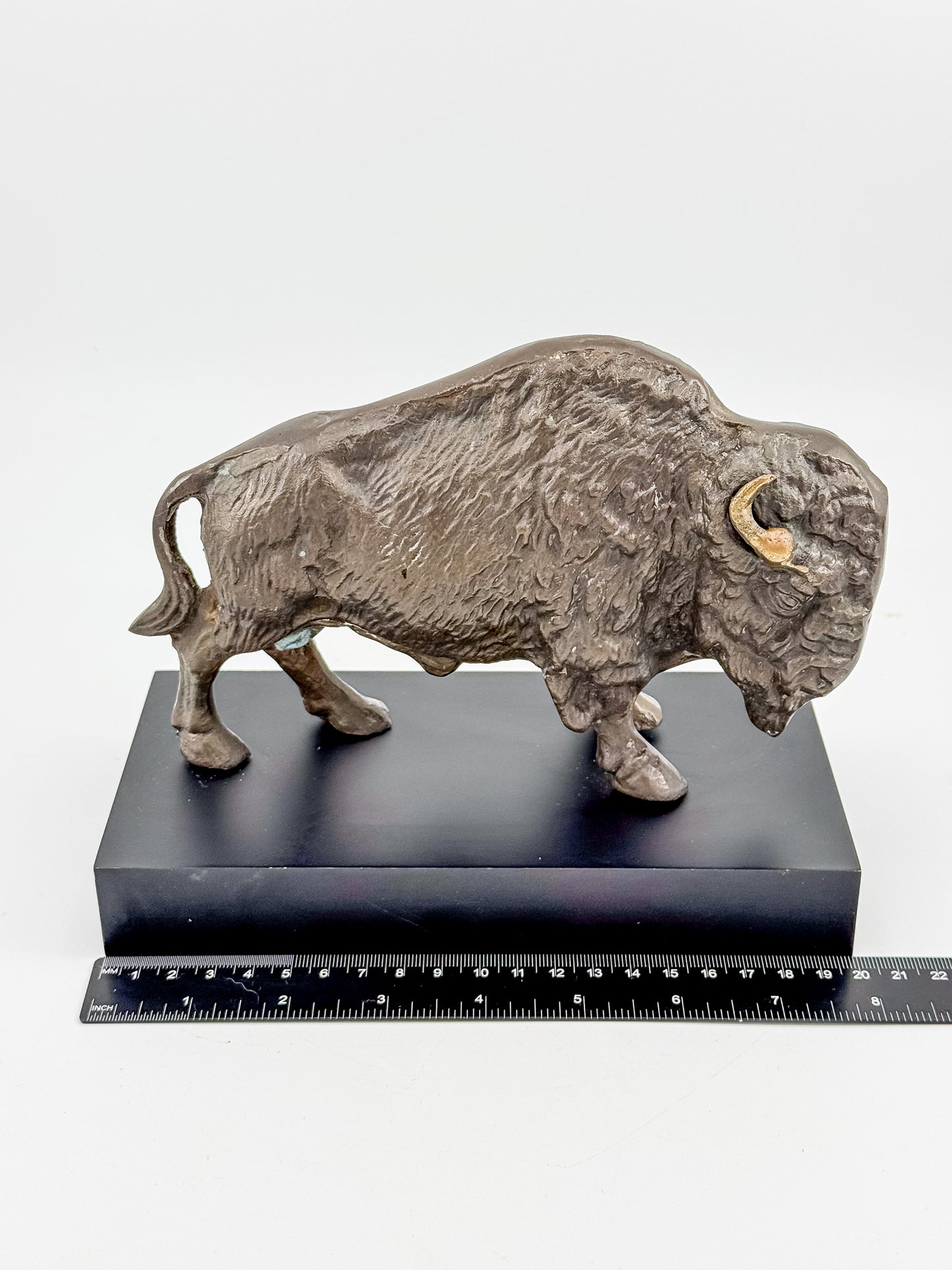 Vintage Solid Brass Bison Buffalo Figurine on Wood Base, Patinated Brass Wildlife Sculpture