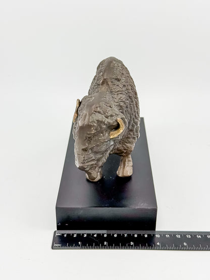Vintage Solid Brass Bison Buffalo Figurine on Wood Base, Patinated Brass Wildlife Sculpture