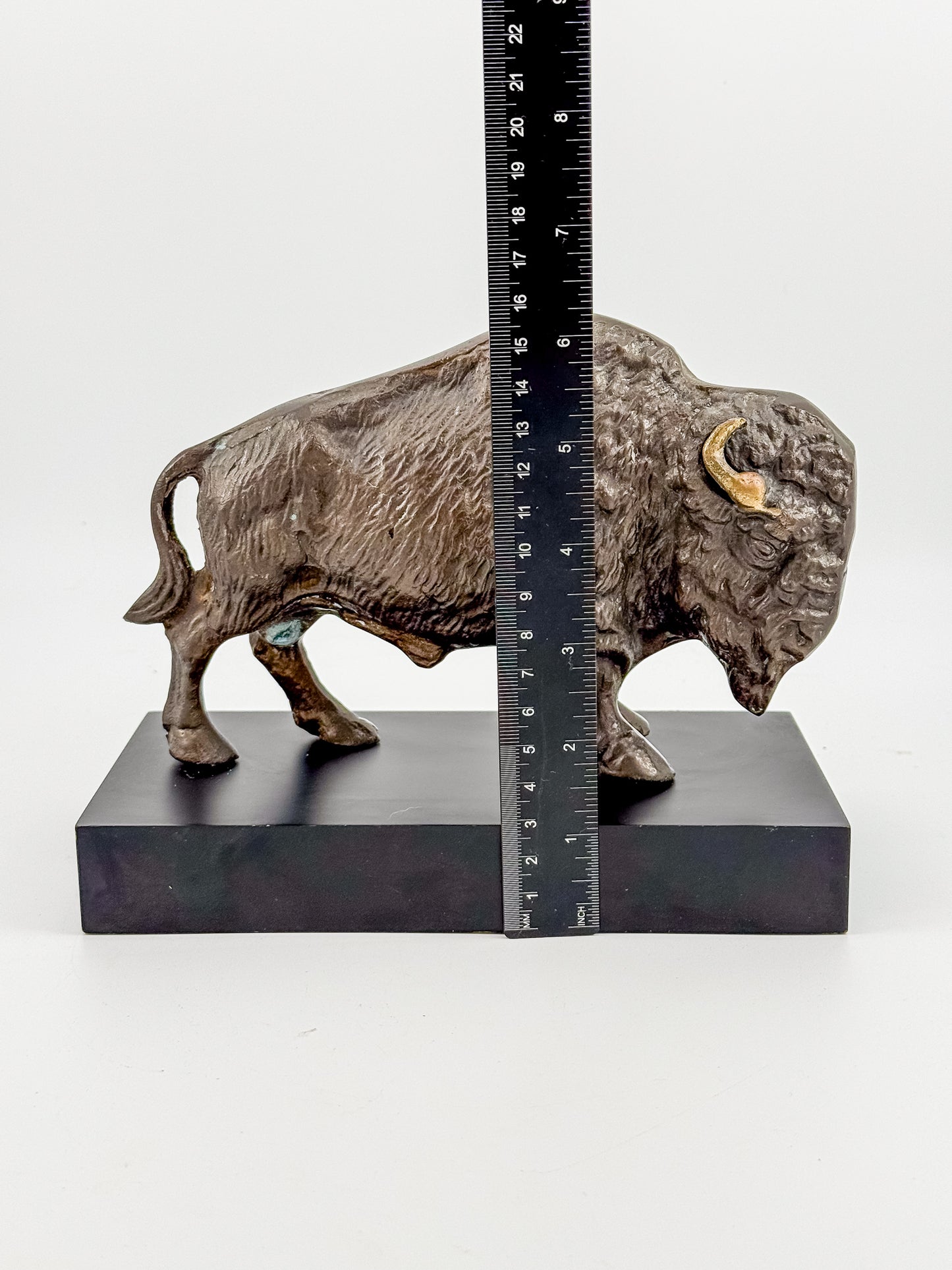 Vintage Solid Brass Bison Buffalo Figurine on Wood Base, Patinated Brass Wildlife Sculpture