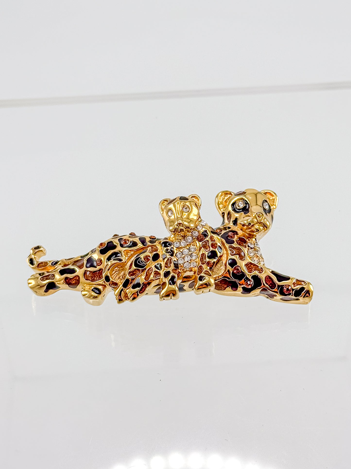 St. John Signed Vintage Gold and Black Rhinestone Leopard with Baby Trembler Brooch