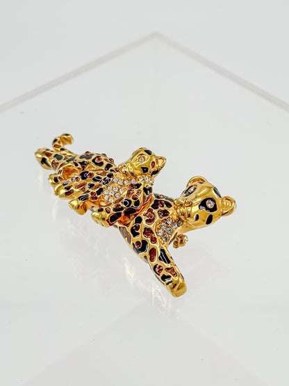 St. John Signed Vintage Gold and Black Rhinestone Leopard with Baby Trembler Brooch