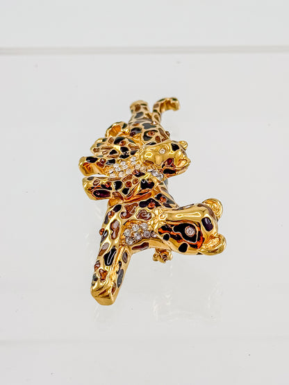 St. John Signed Vintage Gold and Black Rhinestone Leopard with Baby Trembler Brooch