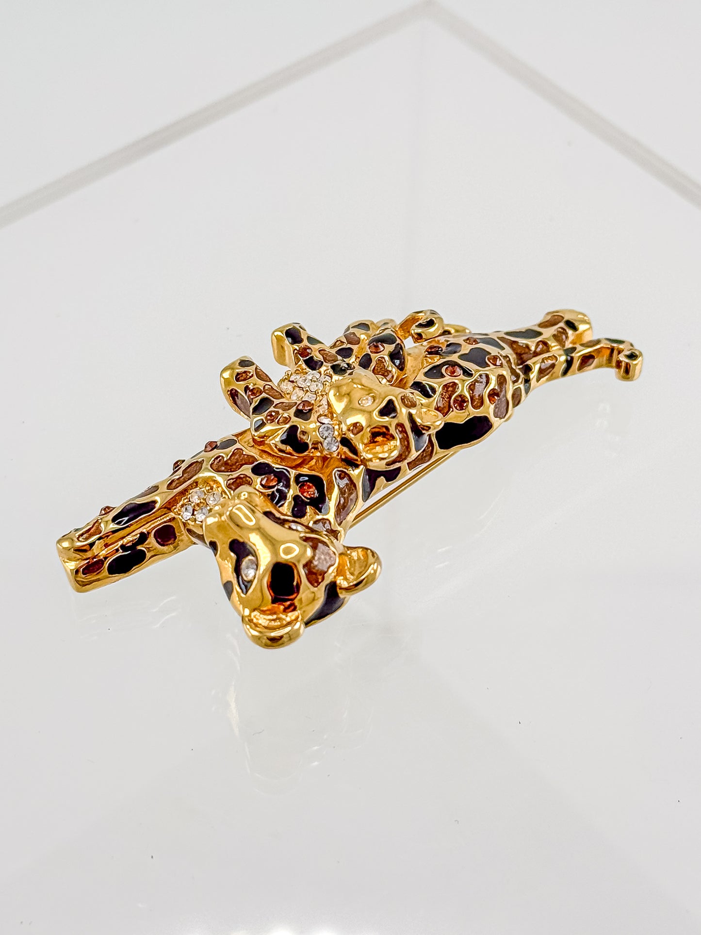 St. John Signed Vintage Gold and Black Rhinestone Leopard with Baby Trembler Brooch