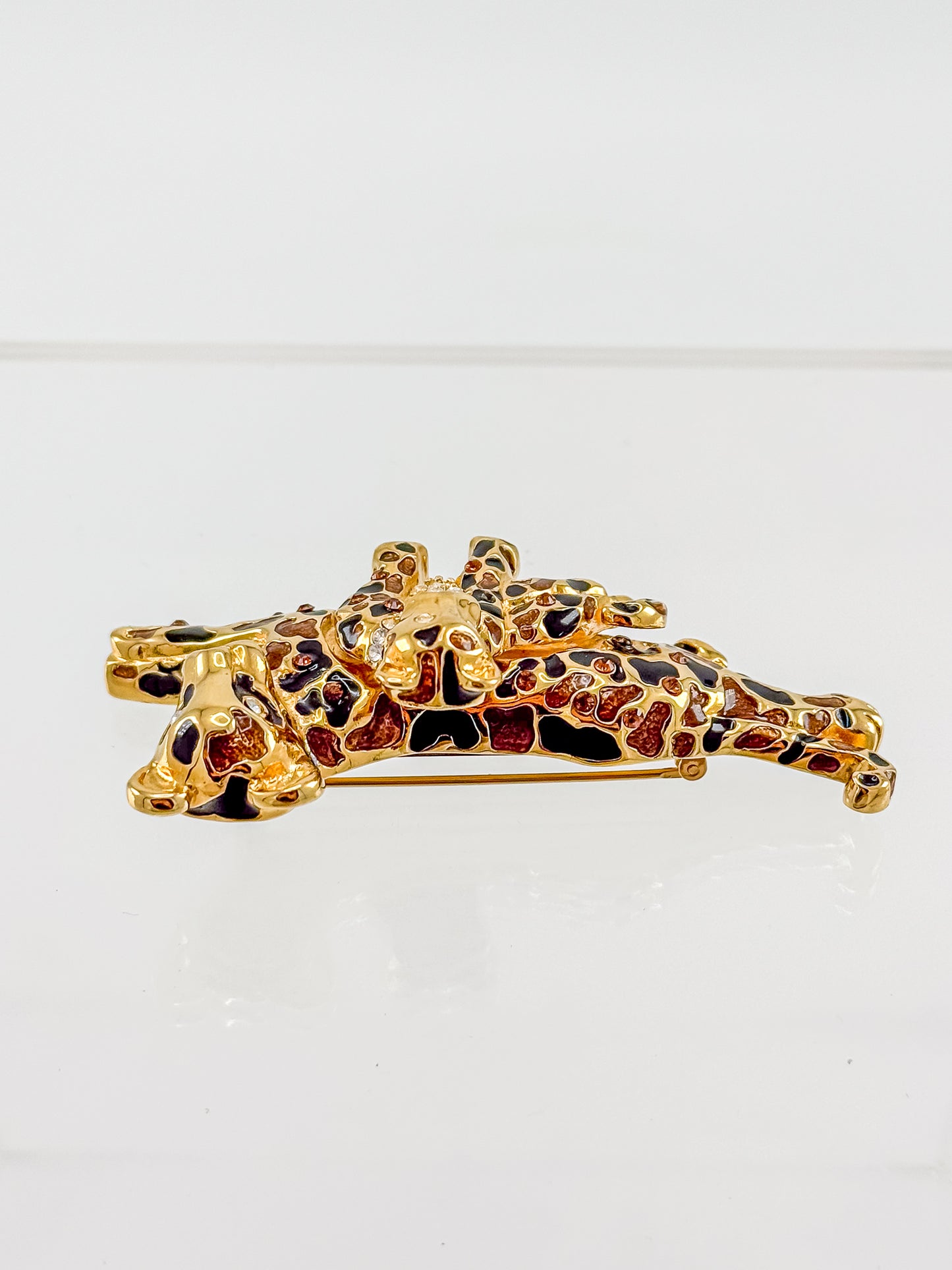 St. John Signed Vintage Gold and Black Rhinestone Leopard with Baby Trembler Brooch