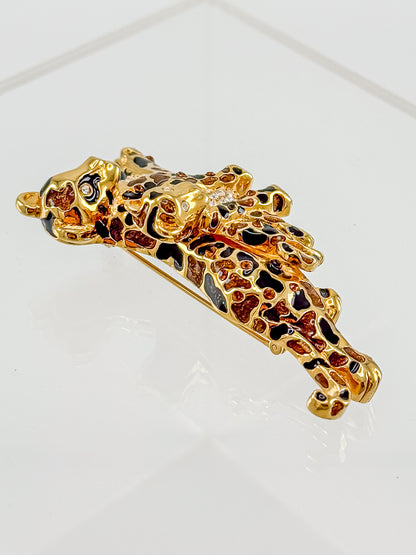 St. John Signed Vintage Gold and Black Rhinestone Leopard with Baby Trembler Brooch