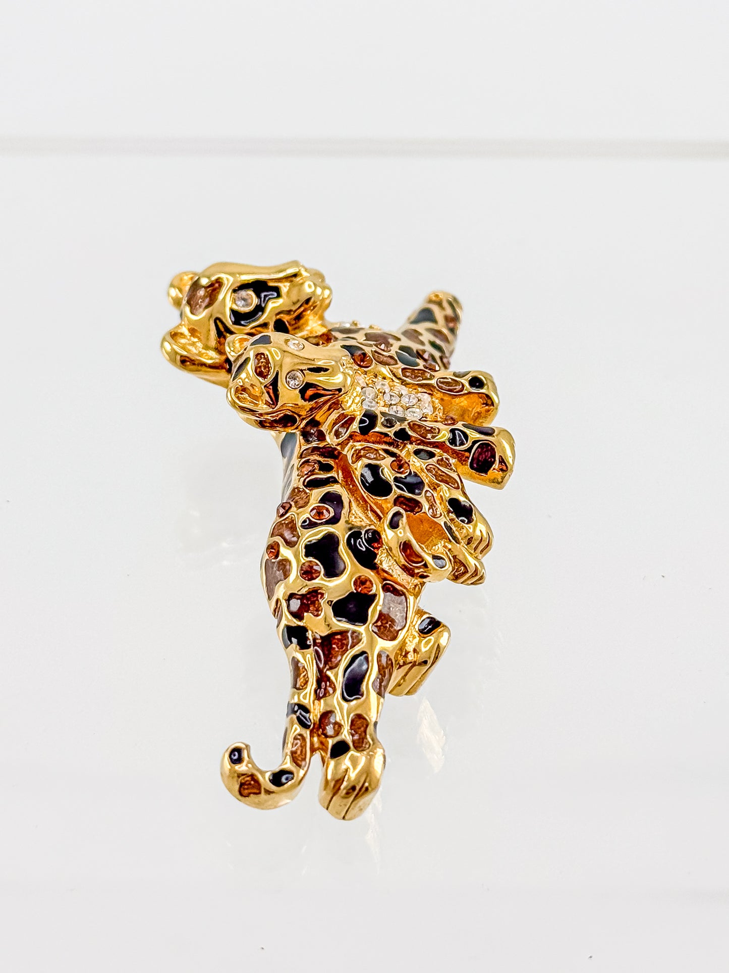 St. John Signed Vintage Gold and Black Rhinestone Leopard with Baby Trembler Brooch