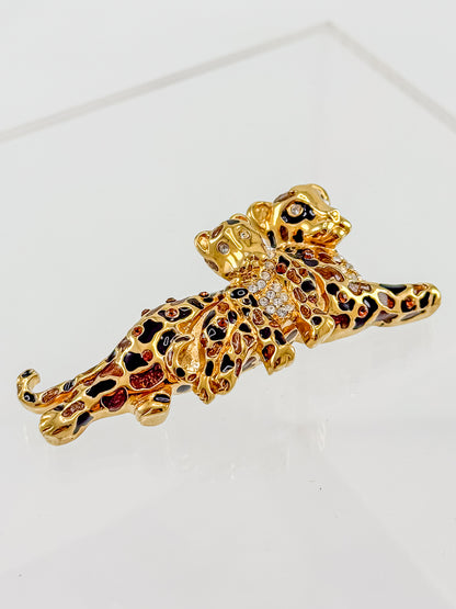 St. John Signed Vintage Gold and Black Rhinestone Leopard with Baby Trembler Brooch